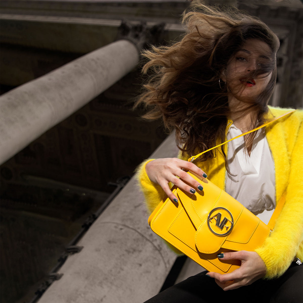 Brera, crossbody bag in yellow smooth Italian Ruga leather – styled photo