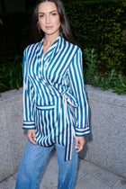 Tiziana, wrap blouse in teal and ivory striped 100% Mulberry silk – on model 2 – Alinari Firenze