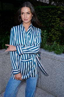 Tiziana, wrap blouse in teal and ivory striped 100% Mulberry silk – on model – Alinari Firenze