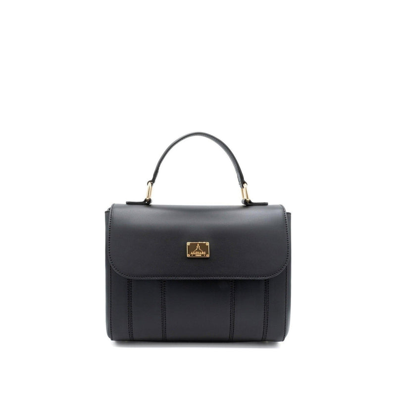 Trevi, top-handle handbag in black Italian Ruga leather – front view – Made in Italy