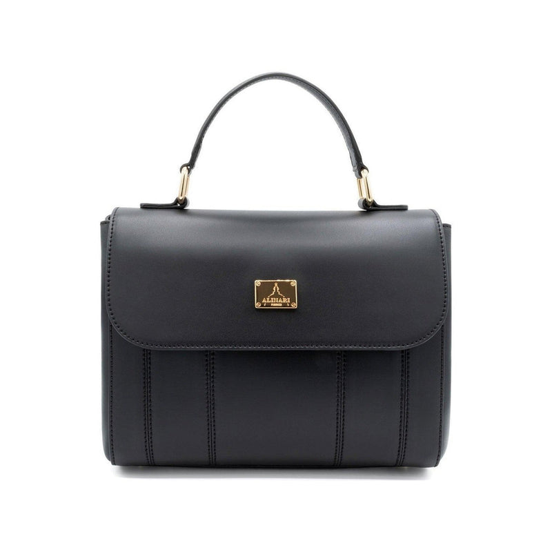 Trevi, top-handle handbag in black Italian Ruga leather – front view – Made in Italy