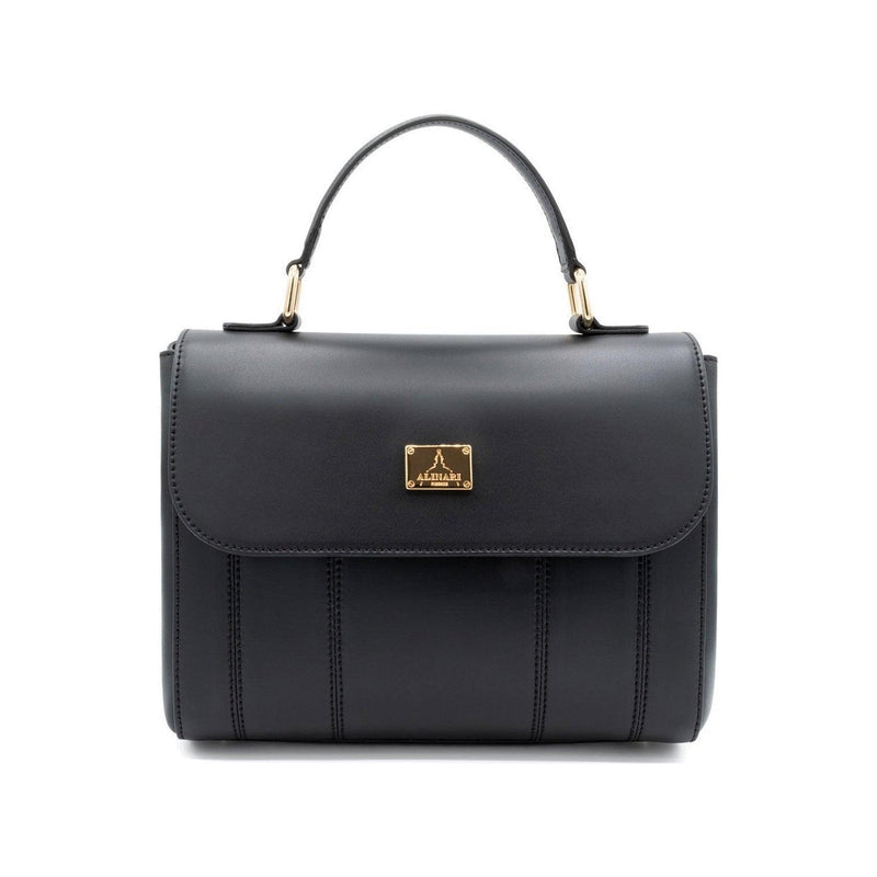 Trevi, top-handle handbag in black Italian Ruga leather – front view – Made in Italy