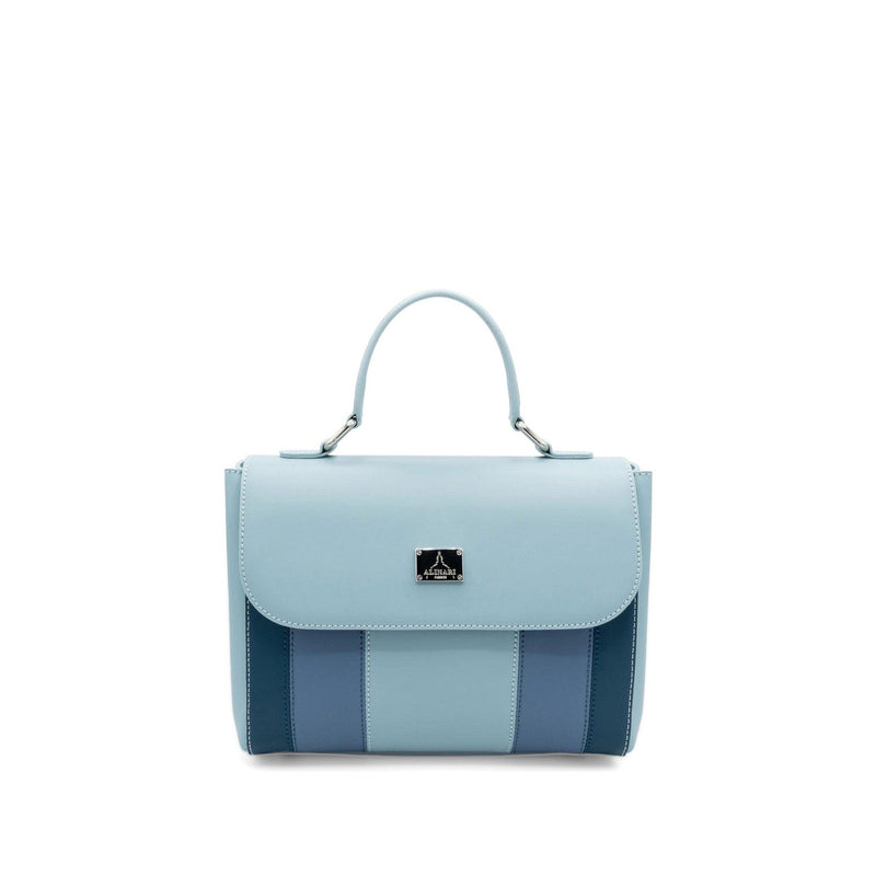Trevi, top-handle handbag in light blue Italian Ruga leather with striped panels – front view – Made in Italy