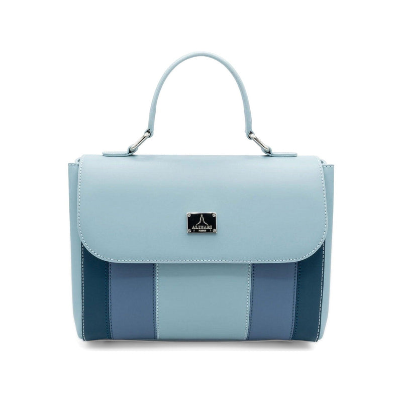 Trevi, top-handle handbag in light blue Italian Ruga leather with striped panels – front view – Made in Italy