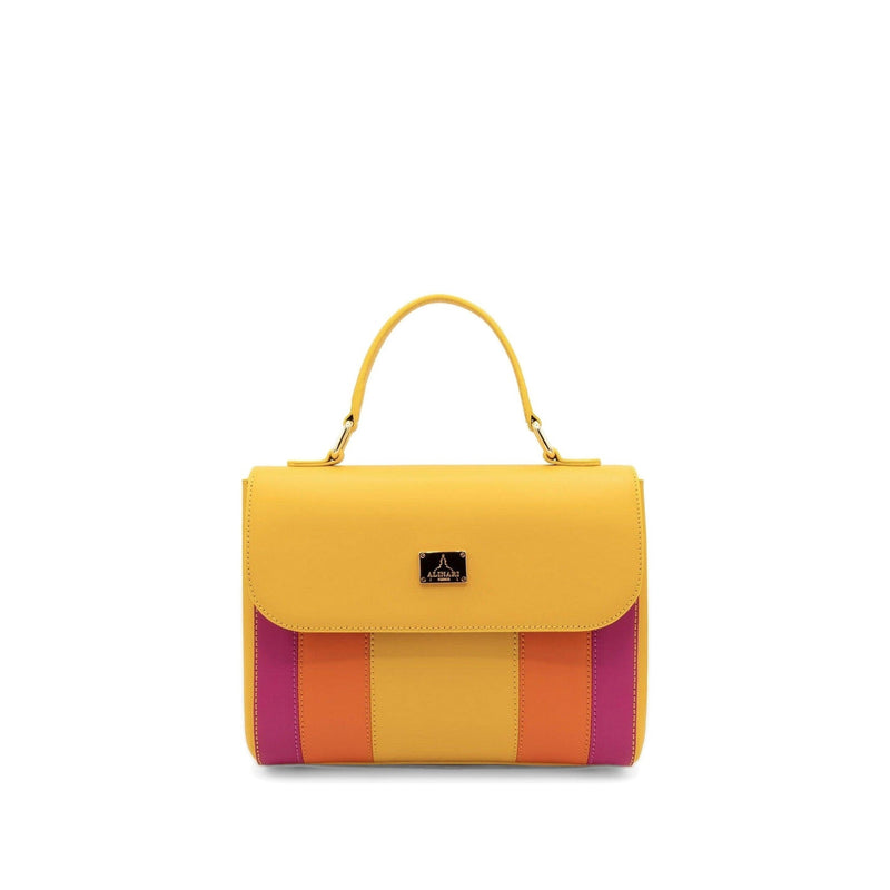 Trevi, top-handle handbag in yellow Italian Ruga leather with striped panels – front view – Made in Italy