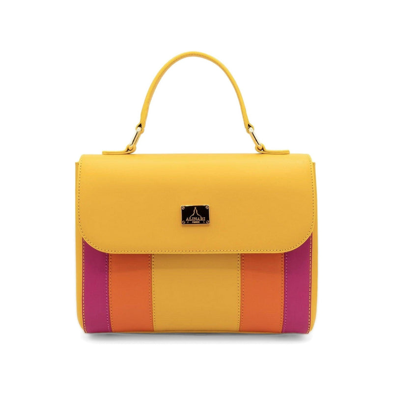 Trevi, top-handle handbag in yellow Italian Ruga leather with striped panels – front view – Made in Italy