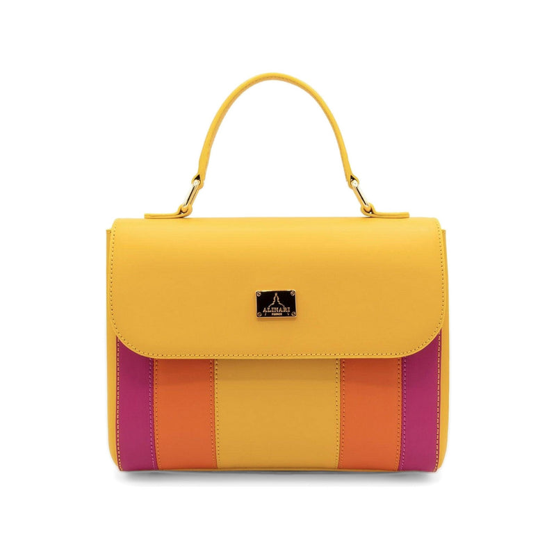 Trevi, top-handle handbag in yellow Italian Ruga leather with striped panels – front view – Made in Italy