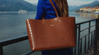 Maxima Croco Tote, laptop tote in camel croc-embossed Italian leather – styled photo