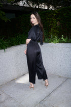 Vittoria, jumpsuit in black 100% Mulberry silk – on model 2 – Alinari Firenze