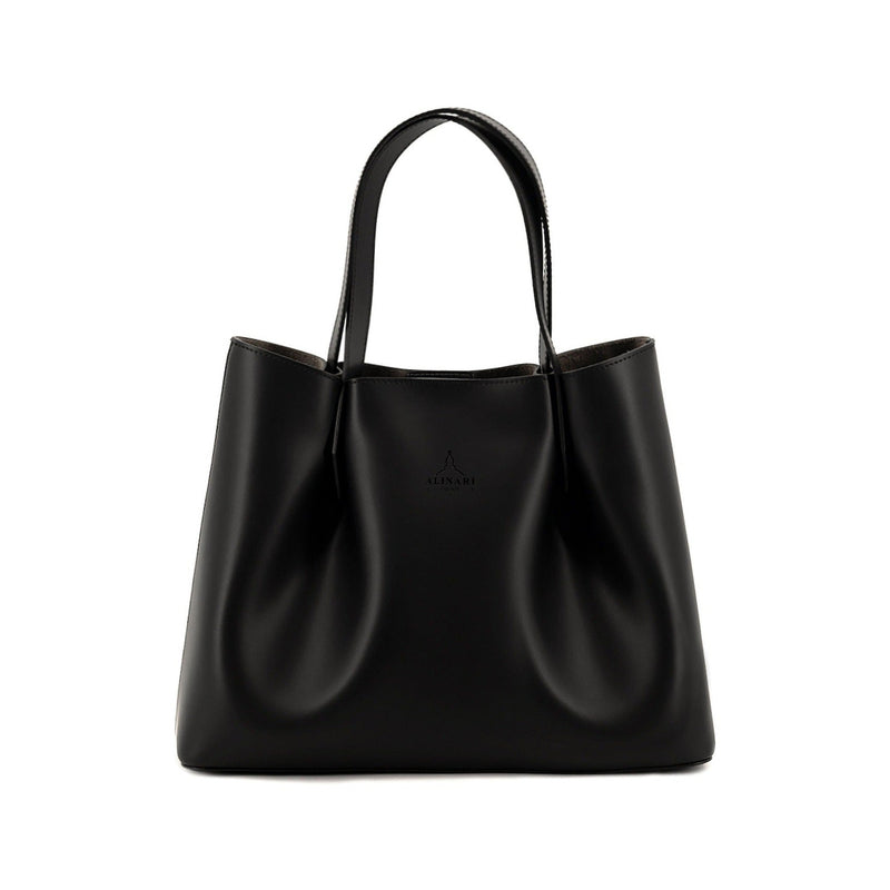 Viviene Tote, slim tote in black Italian Ruga leather – front view – Made in Italy