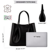 Viviene Tote, slim tote in black Italian Ruga leather – size guide: 45 × 35 × 6 cm, fits a 13" laptop