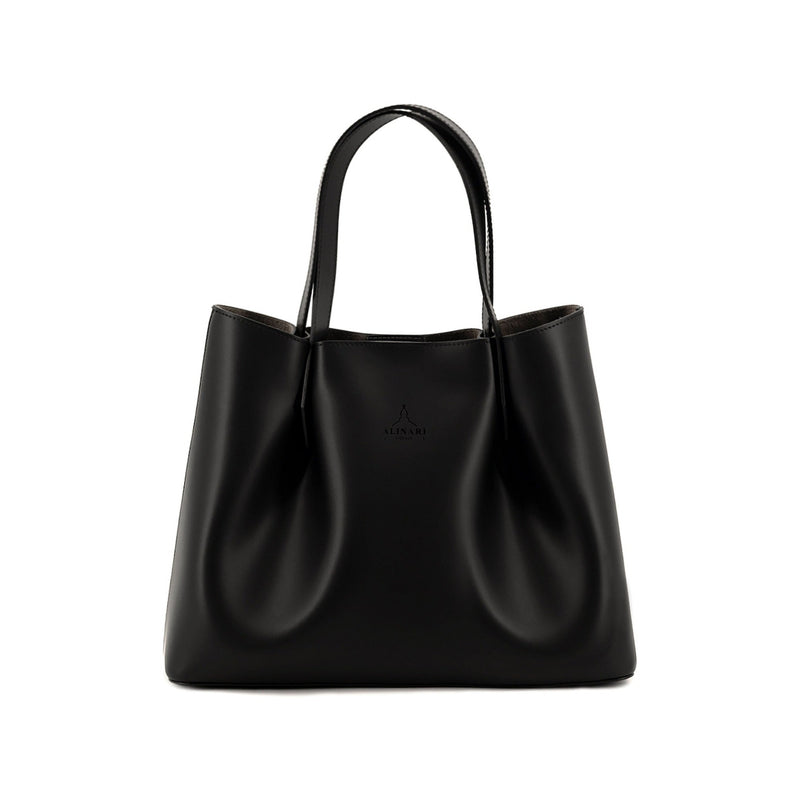 Viviene Tote, slim tote in black Italian Ruga leather – front view – Made in Italy