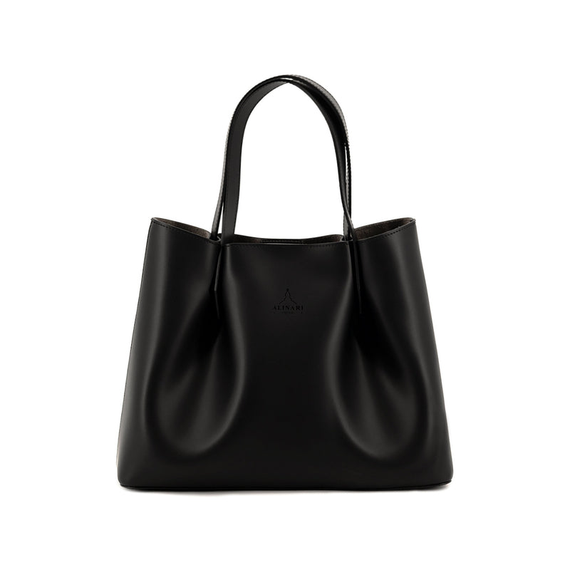 Viviene Tote, slim tote in black Italian Ruga leather – front view – Made in Italy