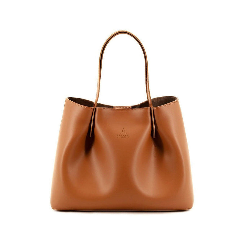 Viviene Tote, slim tote in camel Italian Ruga leather – front view – Made in Italy