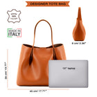 Viviene Tote, slim tote in camel Italian Ruga leather – size guide: 45 × 35 × 6 cm, fits a 13" laptop