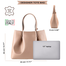 Viviene Tote, slim tote in taupe Italian Ruga leather – size guide: 45 × 35 × 6 cm, fits a 13" laptop