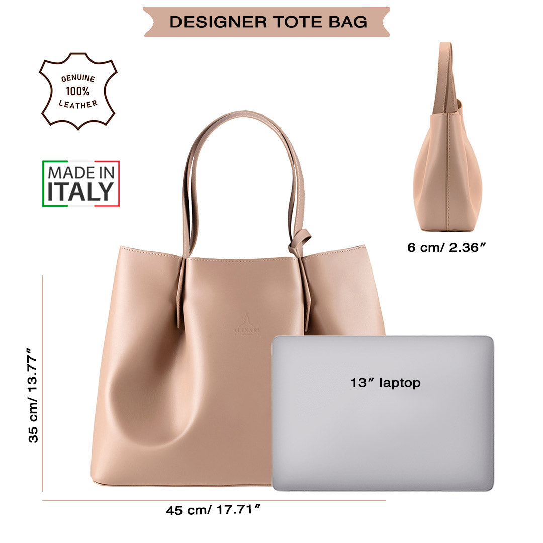 Viviene Tote, slim tote in taupe Italian Ruga leather – size guide: 45 × 35 × 6 cm, fits a 13" laptop