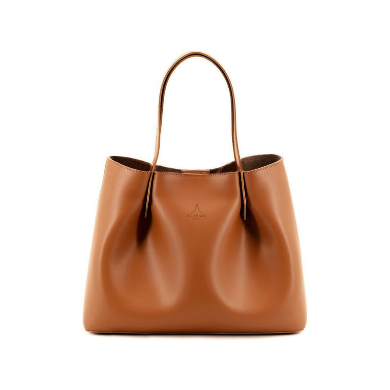 Viviene Tote, slim tote in camel Italian Ruga leather – front view – Made in Italy