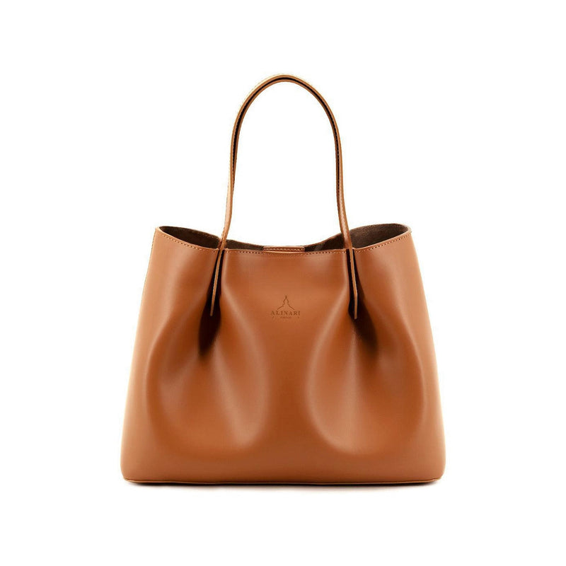 Viviene Tote, slim tote in camel Italian Ruga leather – front view – Made in Italy